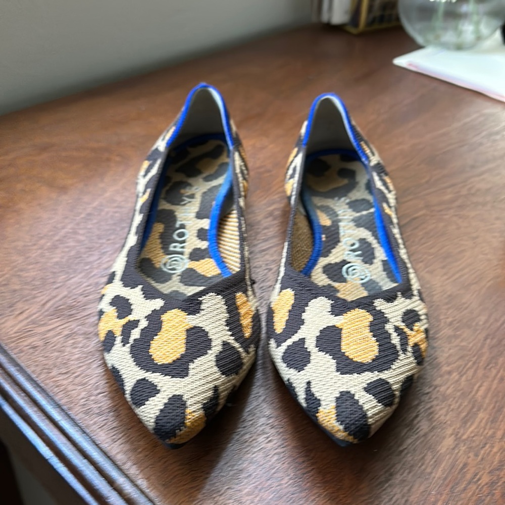 Rothy’s the Point flat with pointed toe in the big cat leopard print—excellent!